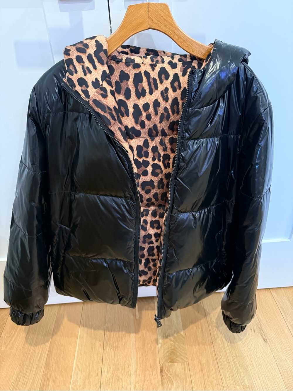Alice + Olivia Black Puffer Jacket with Leopard Print Lining